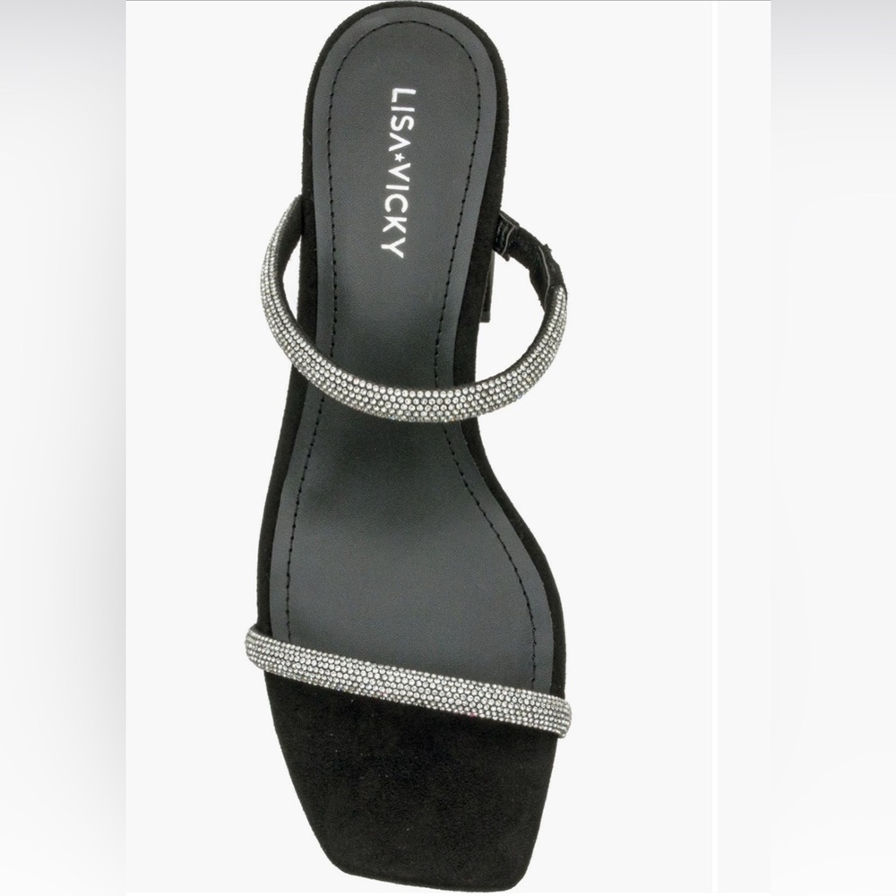 LISA VICKY Mood Pavé Block Heel Slide Black and Rhinestones Women's Sandals - Picture 3 of 16